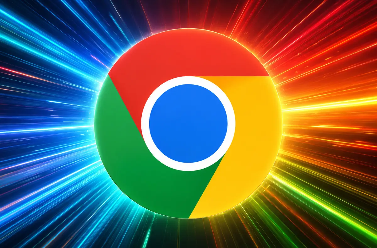 google chrome logo na pozadi se svetelnymi carami