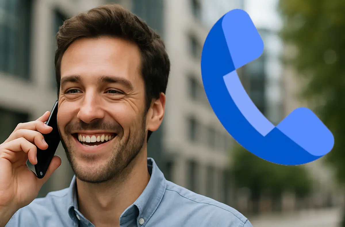muz v kosili telefonujici a logo telefon google