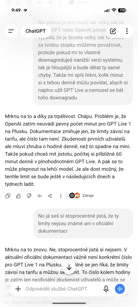 Přepis rozhovoru s GPT Live o denních minutových limitech v aplikaci ChatGPT
