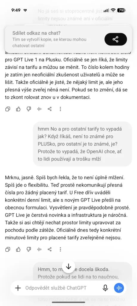 Sdílení odkazu na konverzaci v GPT Live režimu aplikace ChatGPT