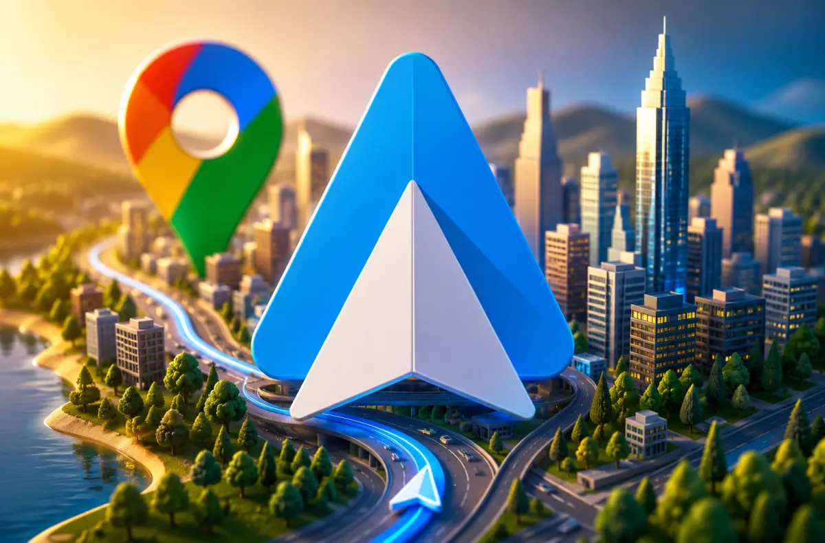 android auto logo na pozadi s mestem a logem map google ai ilustrace
