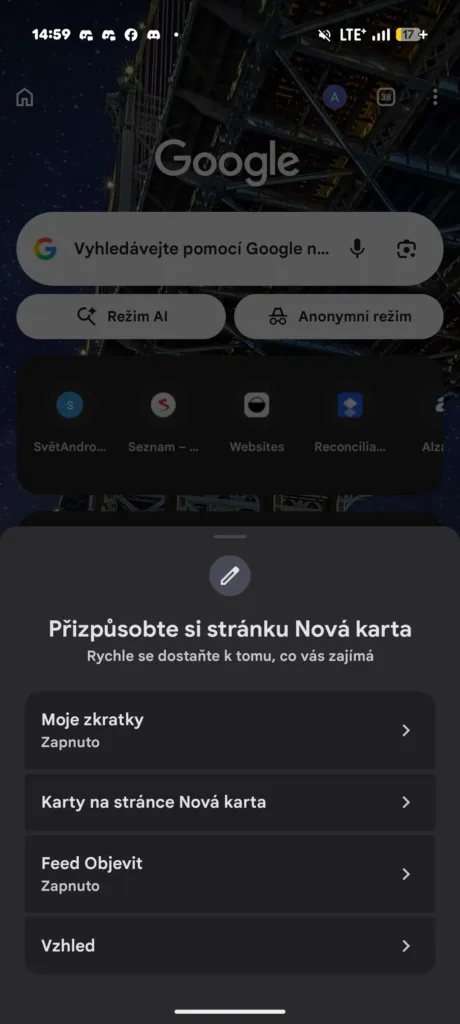 google chrome prizpusobeni stranky nova karta 1