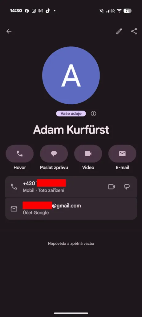 kontakty google vase udaje vizitka