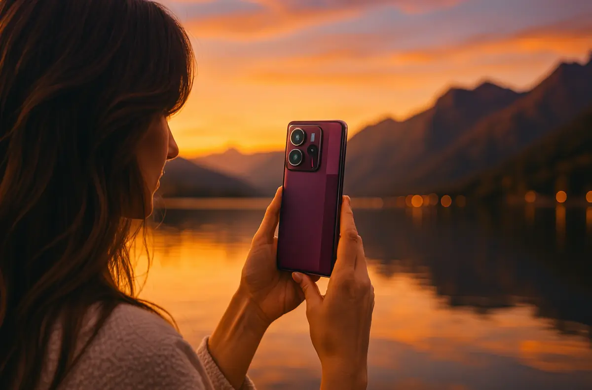 redmi note 14 se 5g v rukou zeny u jezera