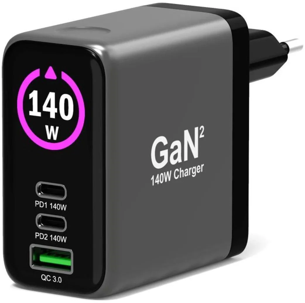 PORT CONNECT GaN2 síťová nabíječka pro 2×USB-C PD 3.1 a USB-A QC 3.0, 140W, OLED displej, černá