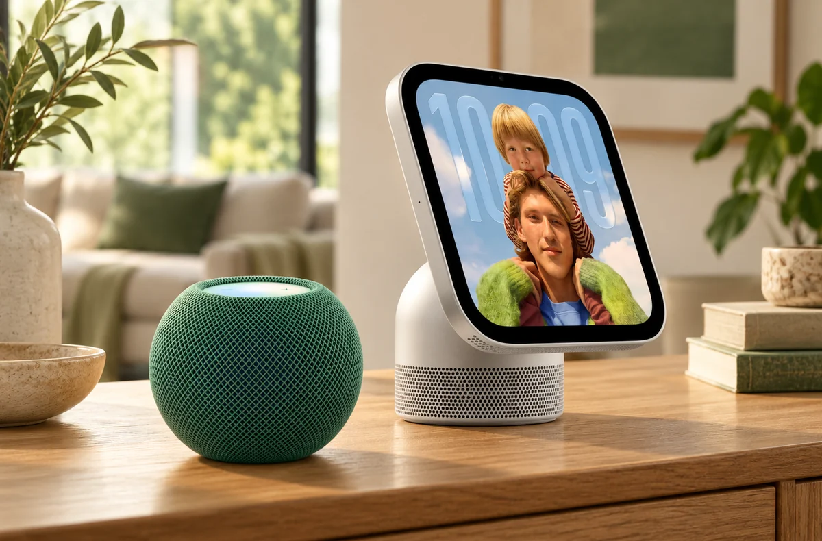 Zelený Apple HomePod mini 2 a stříbrný HomeView – redakční ilustrace