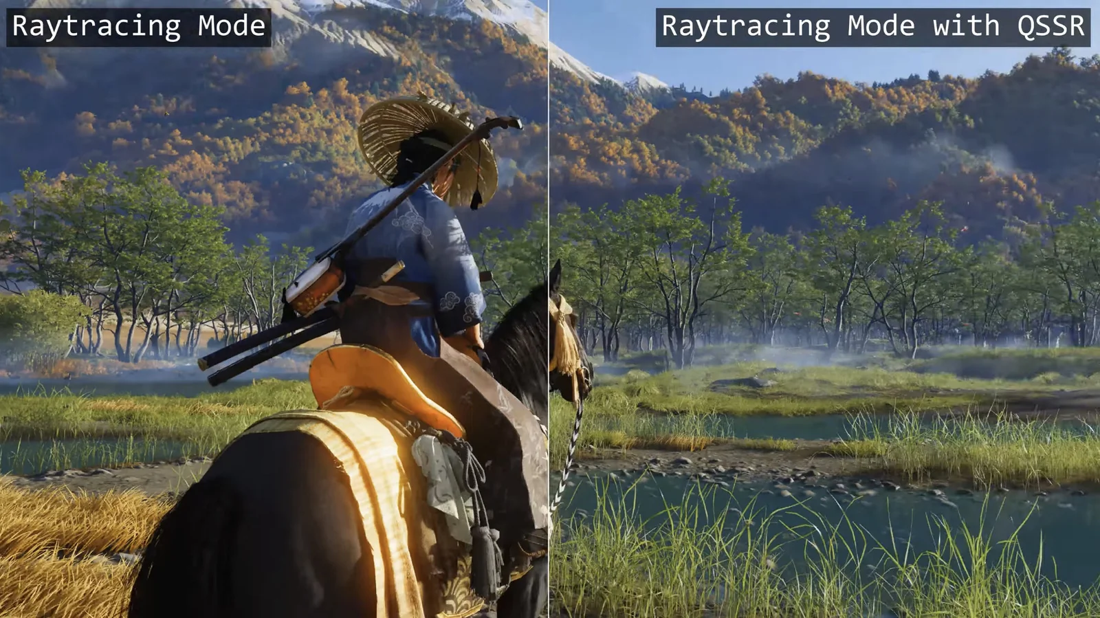 Srovnání Raytracing Mode a QSSR v hře.